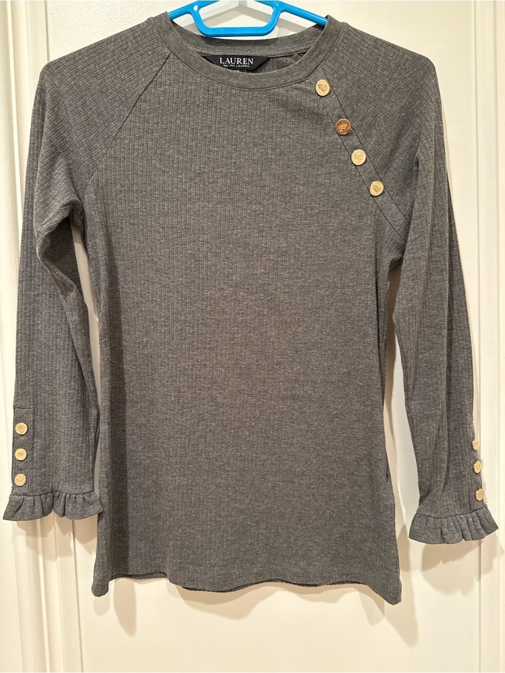 Ralph Lauren Gray Ribbed Long-Sleeve Top with Gold Buttons